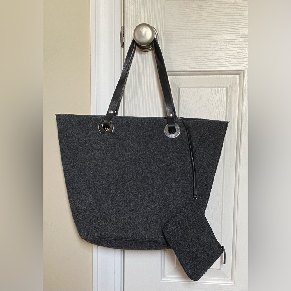 Banana Republic Large Charcoal Gray Felted Wool and Leather Tote Bag